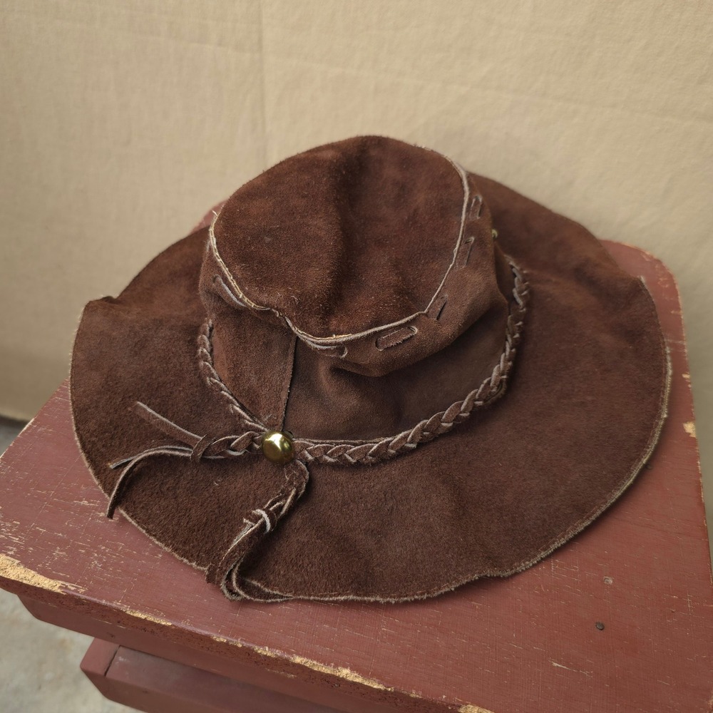 Vintage 1970s Brown Suede Cowboy Hat One Size Mexico Braided Trim